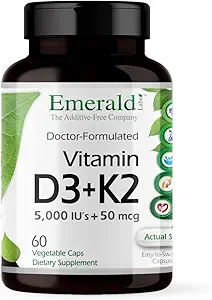 EMERALD LABS Vitamina D3+K2 - Vitamina D &amp; VitalDelta MK-7 para Bone Health & Heart Support* - Vegetariano, libre de gluten, potencia clínica - 60 cápsulas vegetales
