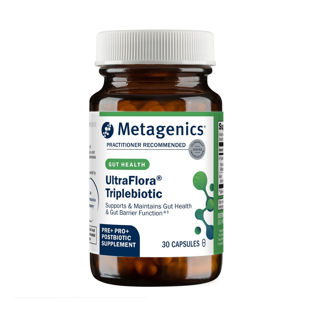 Metagenics UltraFlora Triplebiótico - Suplemento Digestivo Establo-Estable con Akkermansia para Gut Health, Microbiome &amp; Immune Support* - Contiene Prebiótico, Probiótico & Postbiótico - 30 cápsulas