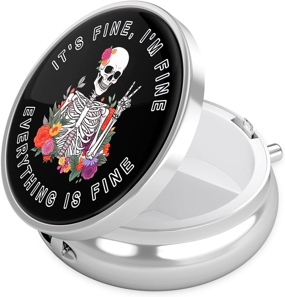 Nipichsha Pill Box, Small Pill Case for Purse & Pocket, Cute Travel Medicine Organizer, Portable Medicine Container Holder to Hold Vitamins, Medication, Fish Oil & Supplement, Flower Skull