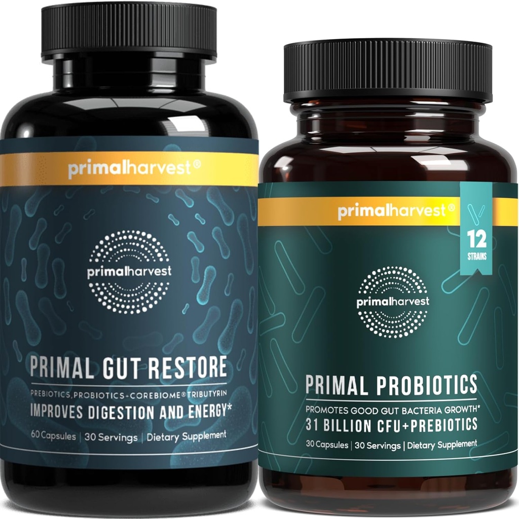 Primal Harvest Probióticos " Gut Health Supplements for Women and Men Pre and Probiotics with 31 Billion CFU and Gut Restore Digestion Pills Bundle