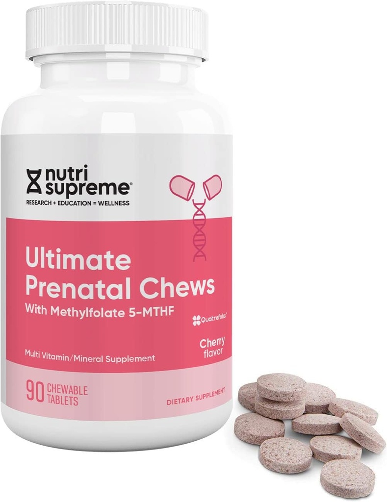 Vitamina prenatal suprema Nutri, Vitaminas prenatales Chewable para Mujeres con Folato de Metil altamente Absorbable, Multivitamina prenatal completa con Hierro, Kosher, Flavor de cereza, 90 Conde