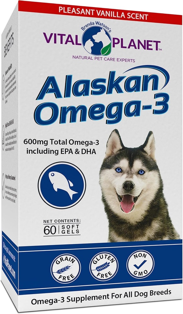Planeta Vital - Alaskan Omega-3 Suplemento de aceite de pescado para perros con 600 mg de Omega-3, Alto en DHA y EPA de peces de agua fría capturada sostenible, 60 vainilla Softgels