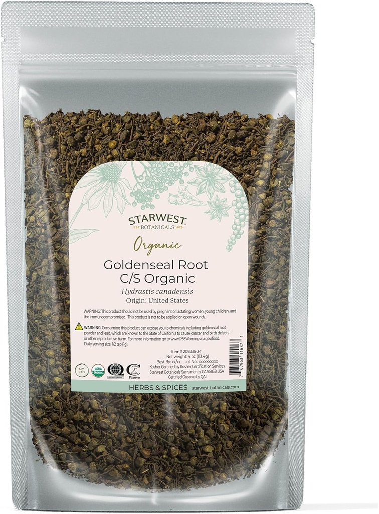 Starwest Botanicals Organic Goldenseal Root - Dried Loose Leaf Herb for Tea, Herbal Blends, " Cooking, Pure " Natural Hydrastis Canadensis, Cut " Sifted, Certified Kosher, Non-GMO - 4 oz Pouch