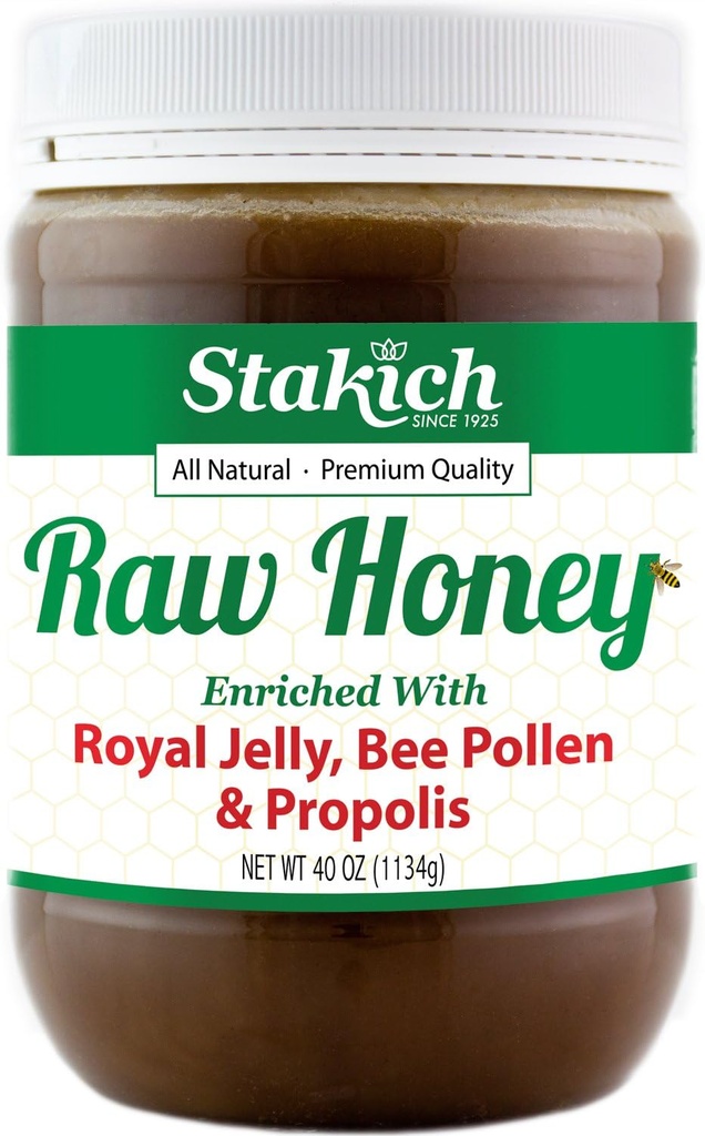 Stakich Royal Jelly, Bee Pollen, Propolis Raw Honey - Puro, sin procesar, sin calefacción - 40 onzas