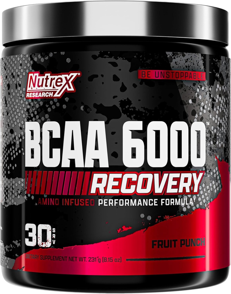 Nutrex Research - BCAA Powder 6000 Amino Acid - 6 Gramos de BCAAs Amino Acids Suplemento para la recuperación posterior del entrenamiento &amp; Crecimiento muscular - Amino Energy Workout Recovery Drink (Fruit Punch - 30 Servings)
