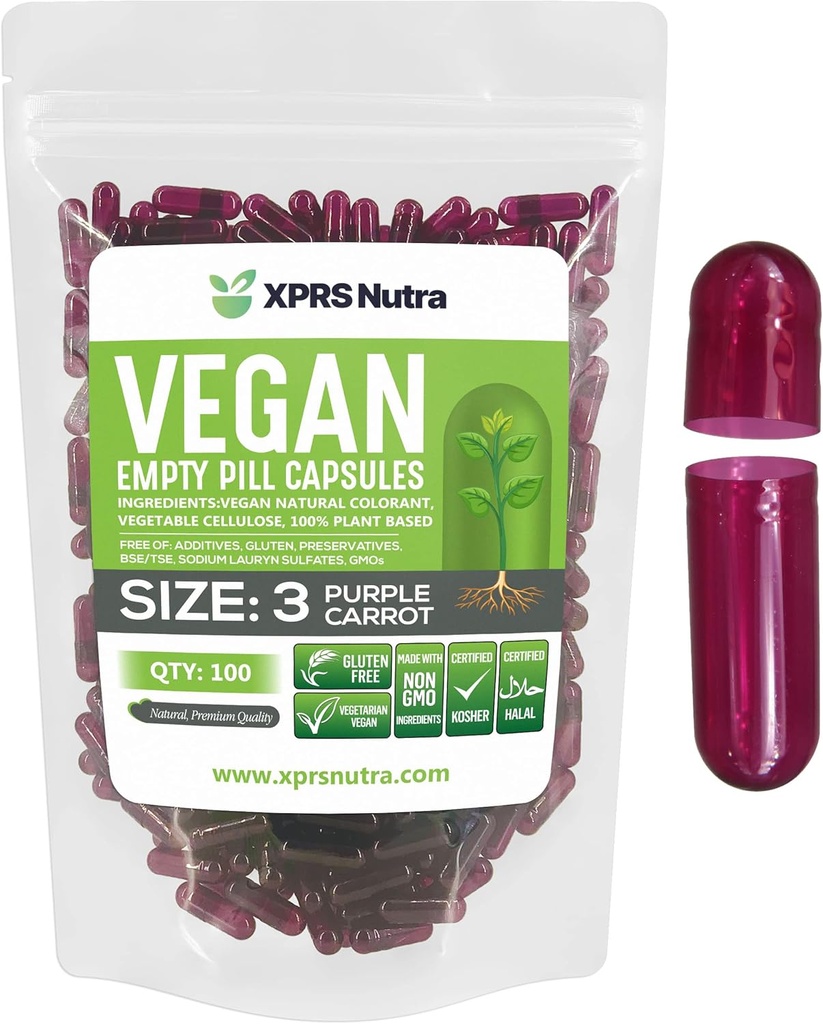 XPRS Nutra Size 3 Empty Capsules - 100 Count Empty Vegan - Vegetarian Empty Pills - DIY Vegetable Capsule Filling - Veggie Pill Caps (Purple Carrot)