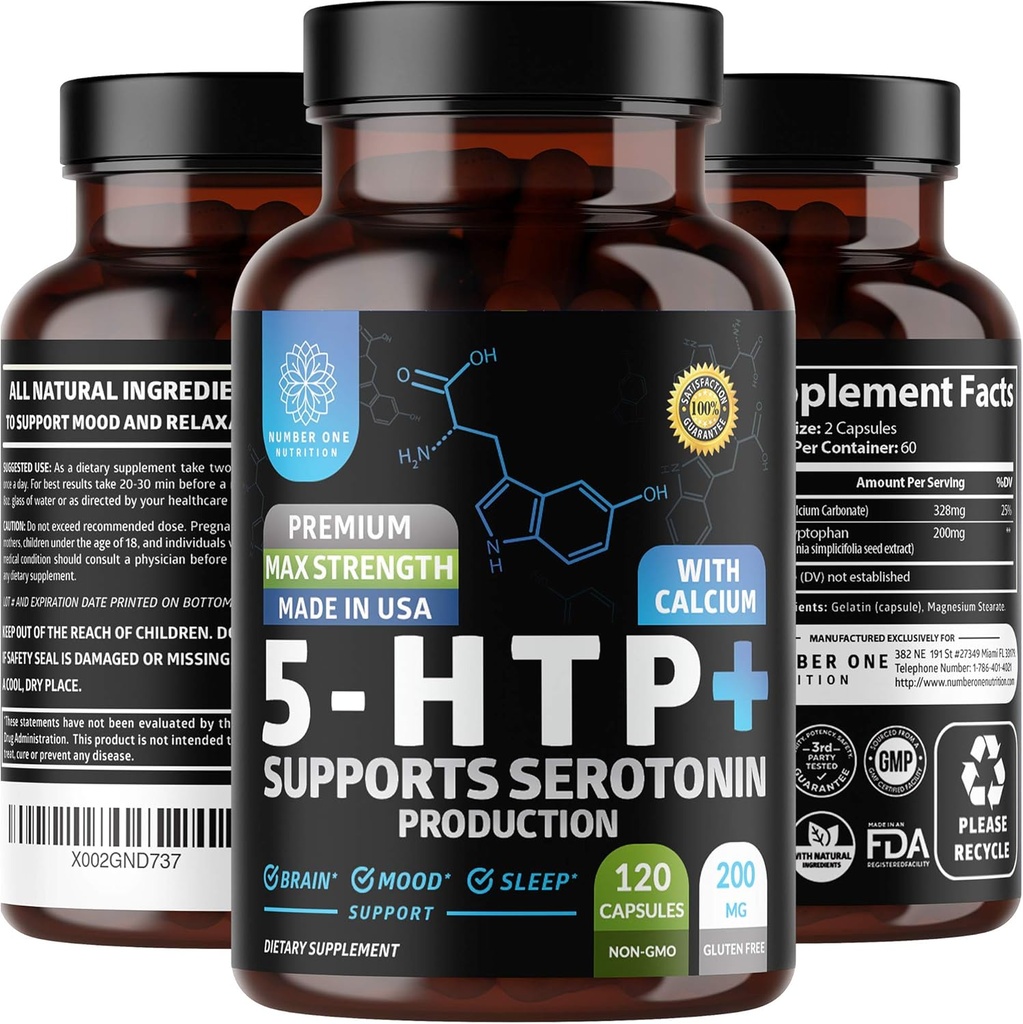 N1N Premium 5-HTP 200mg Plus Calcium, Made from Griffonia Seed Extract, Non GMO and Gluten Free, 120 Caps