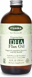 Flora DHA Flax Oil - Soportes Cerebro Salud - Contiene Vegan Omega-3-6-9, Sin gluten, Kosher " Non-GMO - Mantén Chilled - Botella de vidrio - 8.5 fl. oz.