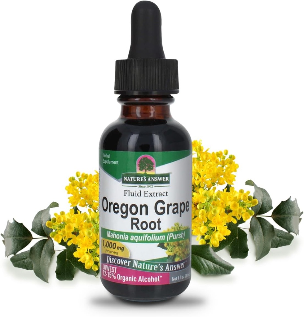 Respuesta de la naturaleza Oregon Grape Root with Low Organic-Alcohol 1oz Extracto ← Soporta Bienestar general ← Vegan, Non-GMO, Gluten Free, Kosher ← Single Count