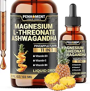 11in1 Magnesium L-Threonate Liquid Drops with Ashwagandha, Vitamin D3, Vitamin C, Vitamin B6, and 6 More - Brain Support - Pineapple Flavor - 2 FL OZ for Full 2-Month