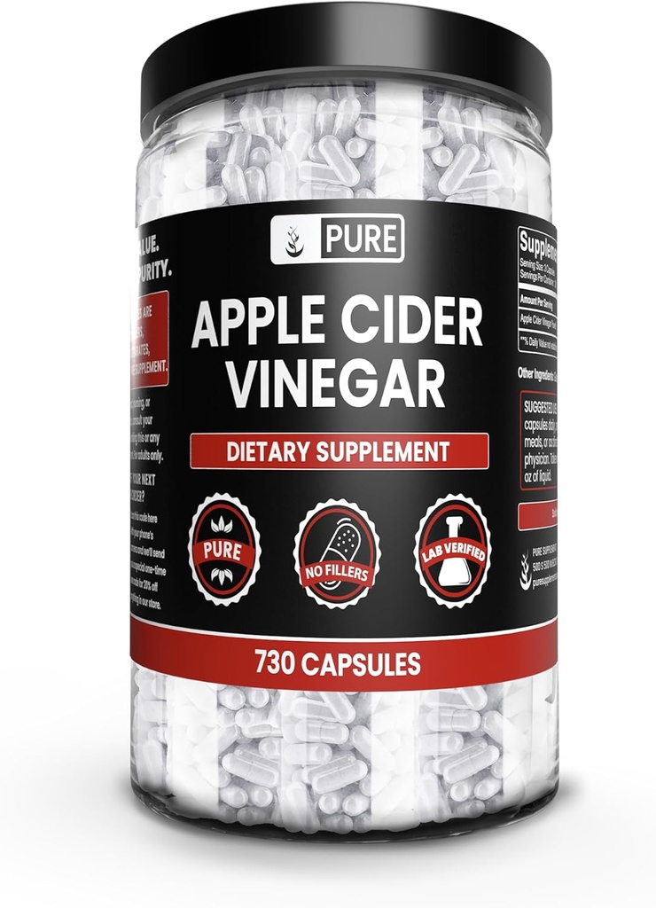 PURE ORIGINAL INGREDIENTES Vinagre de sidra de manzana (730 cápsulas) No hay magnesio o rifles de arroz, siempre puro, Verificado de laboratorio