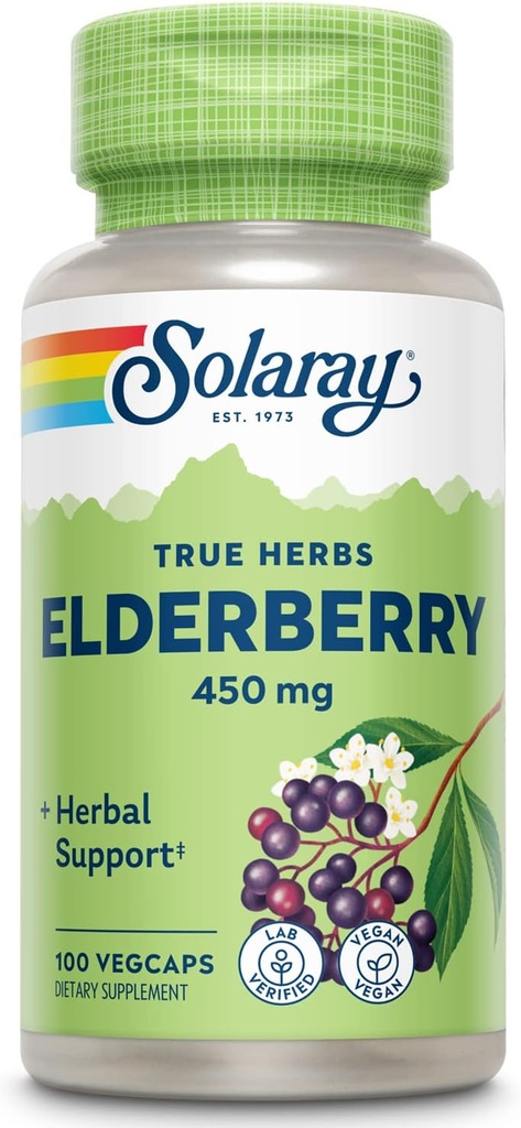 SOLARAY Elderberry Berry &amp; Flower 450mg ← Apoyo para el bienestar general durante los meses fríos  tolera with Flavonoids & Fenolic Compounds ← Non-GMO ← 100ct