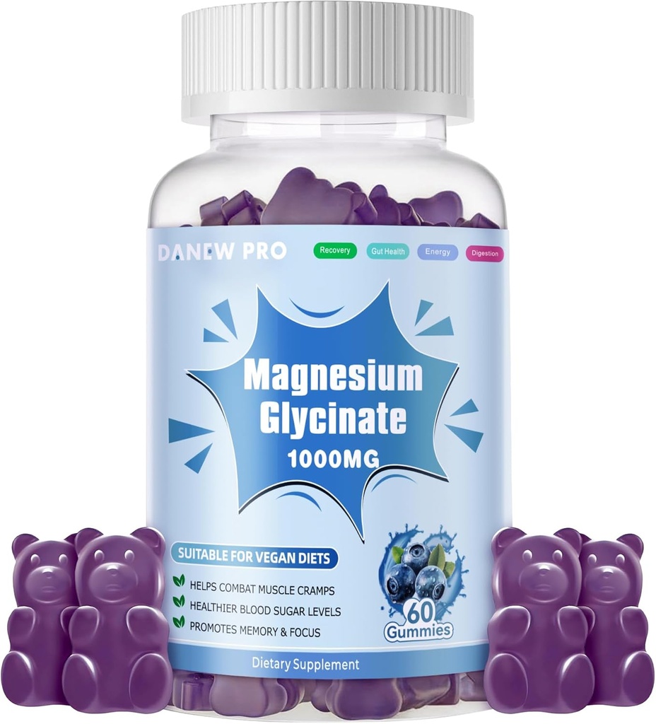 Magnesio Glycinate Gummies 1000mg - Suplemento de Potasio de Magnesio Libre de Azúcar con Vitamina D, B6, CoQ10 para calma Mood &amp; Sleep Support - 60 Blueberry Gummies