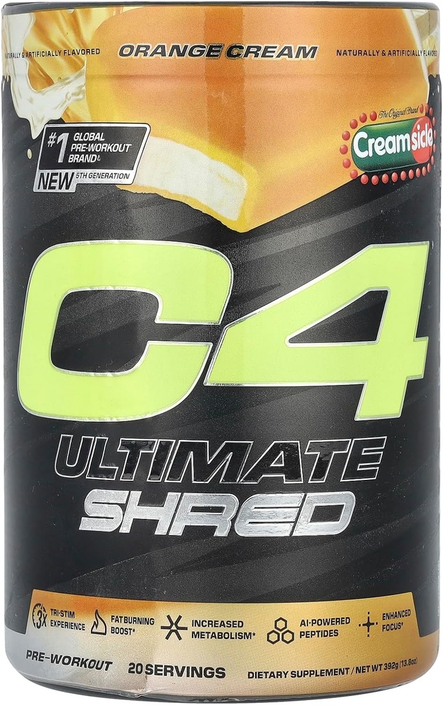 Cellucor C4 Ultimate Shred Pre Workout Powder, Metabolismo Suplemento con Cayenne Extract+300mg Caffeine+TeaCrine+Dynamine - Orange Creamsicle, 20 Servings