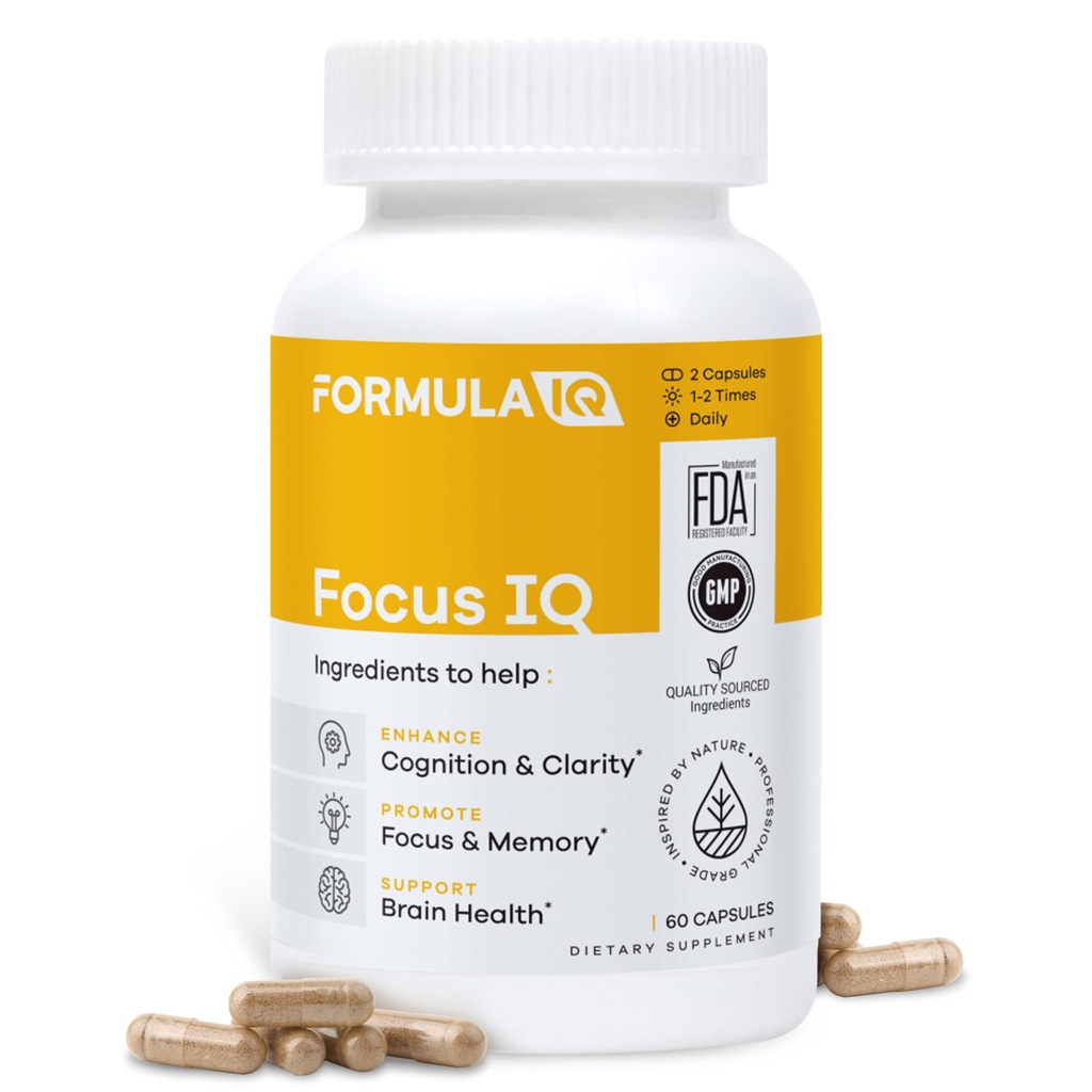 FIQ - Focus IQ - Suplementos cerebrales para memoria y foco - Suplementos de memoria - Apoyo cognitivo - 60 cápsulas