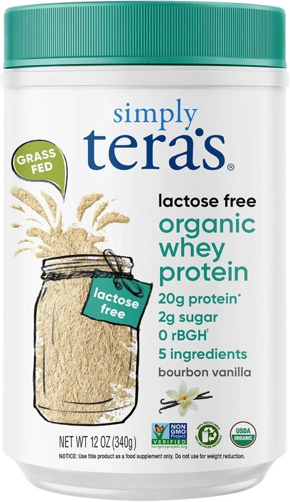 Simplemente lactosa de tera libre orgánico Whey Protein Powder - Lactose Gratis, Vanilla, 20g de Protein Por Serving, No Gluten-Free, RBGH-Free, Kosher - 12 Oz