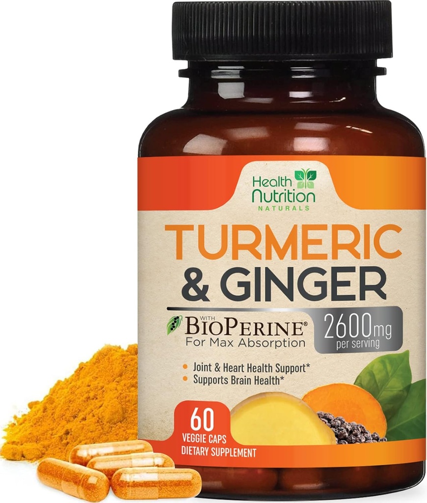 Curcumin Turmeric Suplemento 2600mg - con Ginger ecológico & Turmeric, 95% Curcuminoides, BioPerine Black Pepper para la mejor absorción, Apoyo Conjunto Vegano de la Naturaleza, No GMO, Botellado en EE.UU. - 60 cápsulas