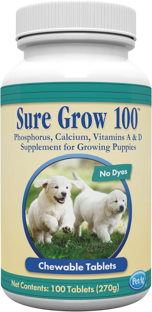 PetAg Sure Grow 100 - promueve el desarrollo óptimo de los huesos en cachorros Ocho semanas y más viejo - con calcio, fósforo y vitaminas A &amp; D - 100 tabletas Chewable