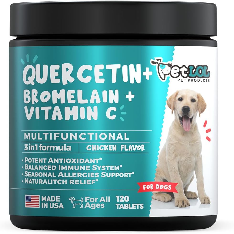 Quercetina para perros con bromelaina " Vitamina C - Alergía " Itch Relief, Immune " Inflammatory Support - 120 Chewable Tablets Made in USA
