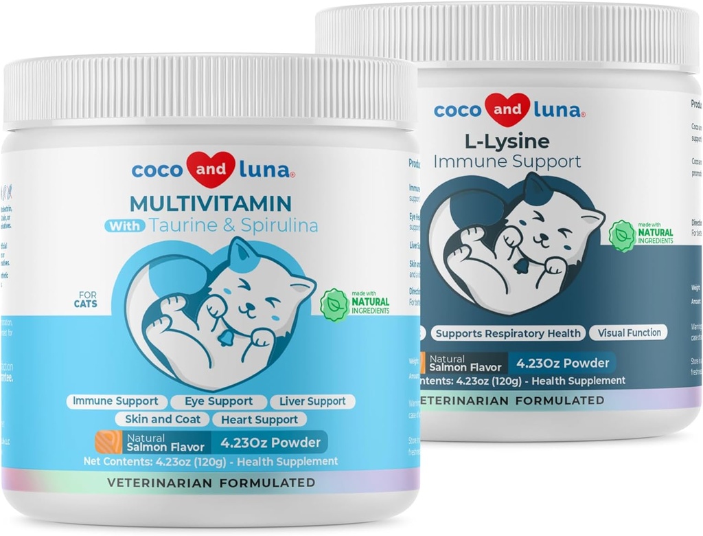 Lysine + Multivitamina para gatos - Soporte Inmunitario, Skin y Coat Health, Eye Support - con EPA y DHA, Taurine y Spirulina
