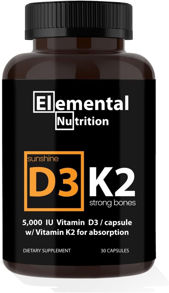 Vitamina K2 con D3 Extra Strength Suplemento Bone ¦ Heart Health Non-GMO Fórmula 5000 UI Vitamina D3 125 mcg &amp; 100 mcg Vitamina K2 ← Fácil de Tragar Vitamina K &amp; D, 30 cápsulas.