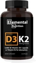Vitamina K2 con D3 Extra Strength Suplemento Bone ¦ Heart Health Non-GMO Fórmula 5000 UI Vitamina D3 125 mcg &amp; 100 mcg Vitamina K2 ← Fácil de Tragar Vitamina K &amp; D, 30 cápsulas.