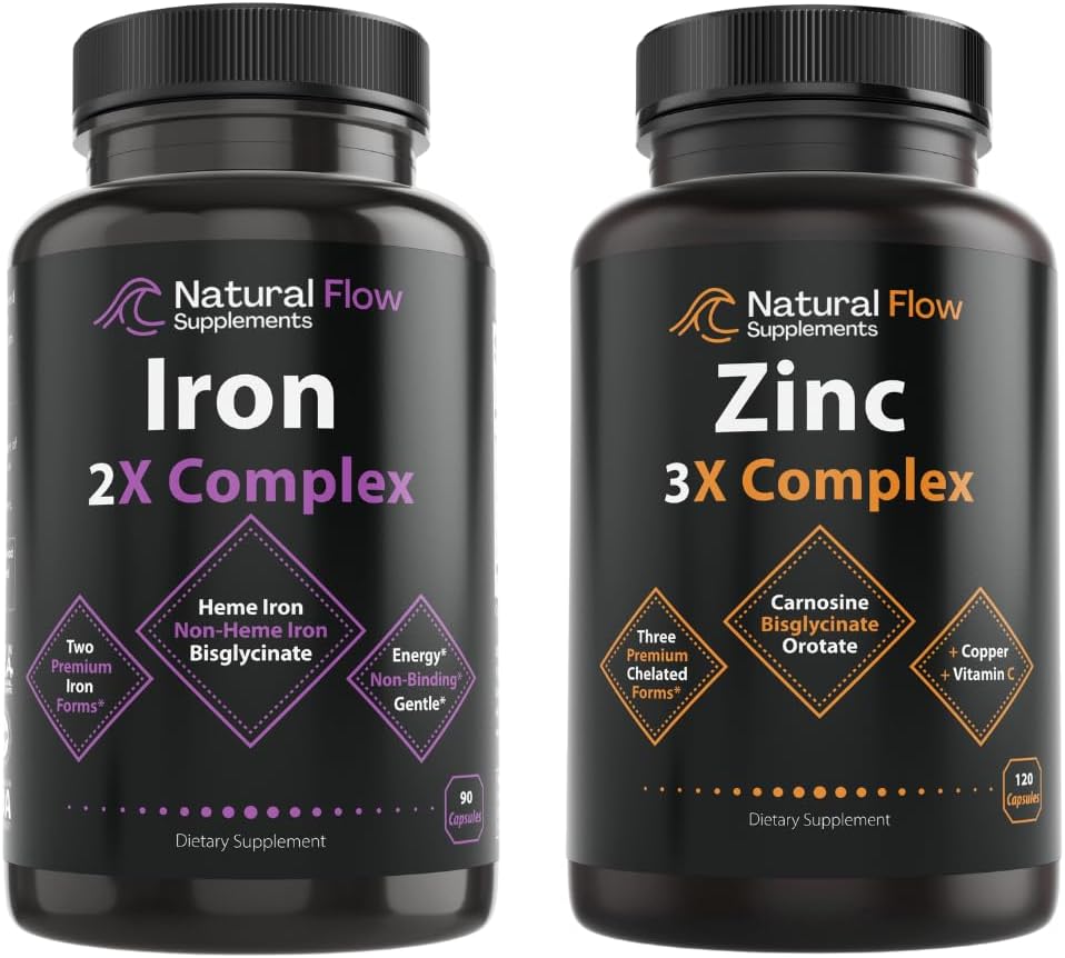 Complejo de suplemento de zinc con cobre y vitamina C - Flujo natural 3X Zinc Carnosina e Hierro Suplemento 2 en-1 Complejo completo - Flujo natural 2X Heme y Chelated Non Heme Iron Bisglycinate