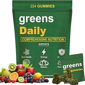 Greens Gummies - Clorella orgánica y espirulina, Digestivo & Gut Health, Formulado con 60+ Ingredientes, Multi-Vitamins & Minerals, Daily Gummies, 224 Gummies Bear