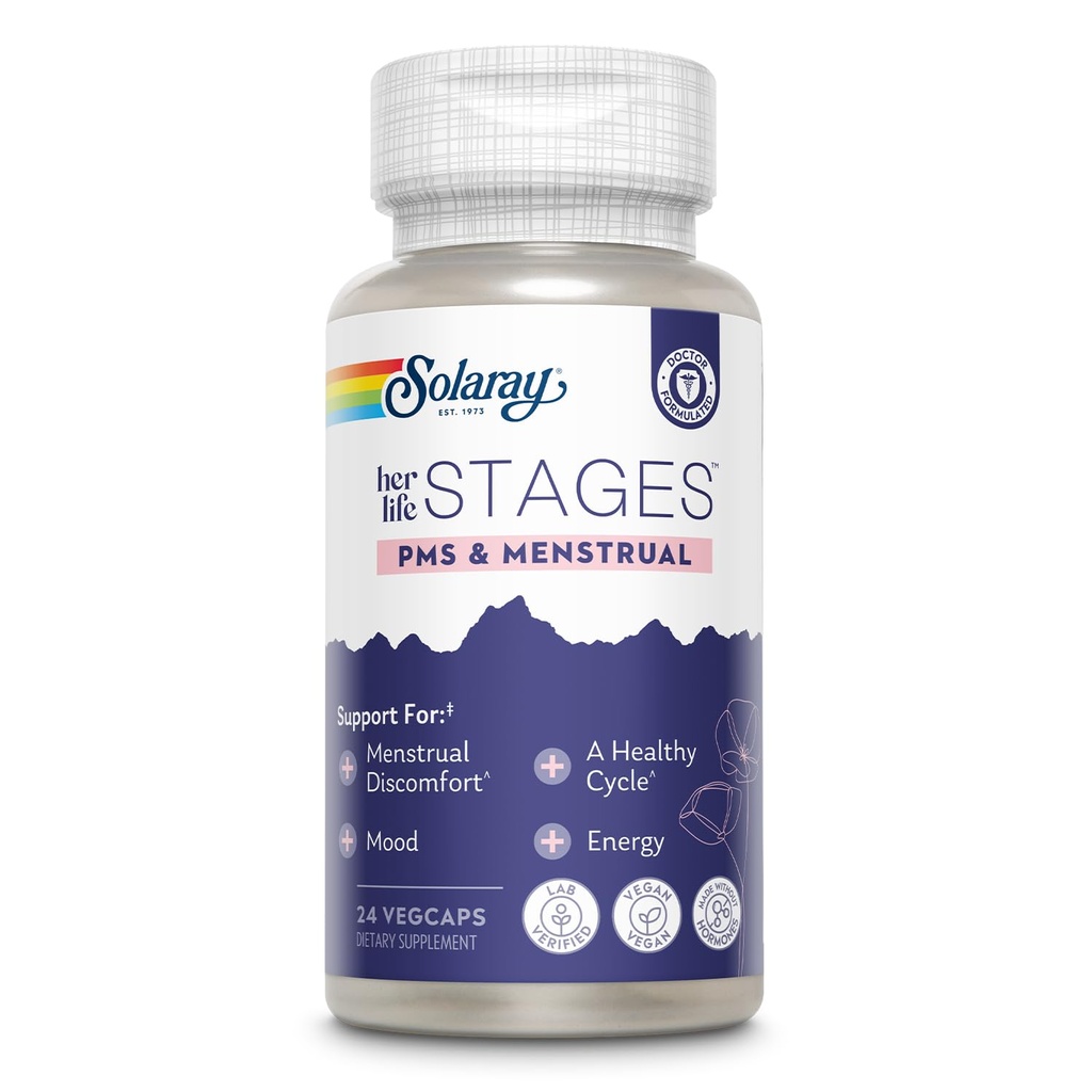 Solaray PMS " Menstrual her life STAGEs - PMS Support Supplement for Women with Cramp Bark, Vitex Chasteberry - Made without Hormones - 60-Day Guarantee - Vegan, Lab Verified - 24 Servings, 24 VegCaps