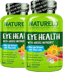 Vitaminas Oculares NATURELO - AREDS 2 Nutrientes de Fórmula con Lutein, Zeaxanthin, Vitamina C, E, Zinc, Plus DHA - Suplemento para Ojos Secos, Visión Saludable, Atención Ocular - 60 cápsulas Veganas (Pack of 2)