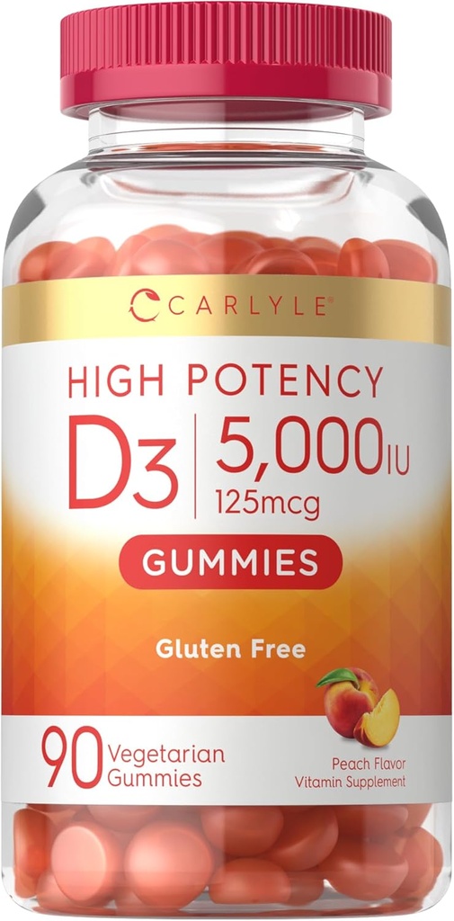 Carlyle Vitamin D3 Gummies ← 5000 iu Silencio 90 Conde ← Peach Flavored Gummy ← High Potency for Adults  Vegetarian, Non-GMO, Gluten Free Supplement
