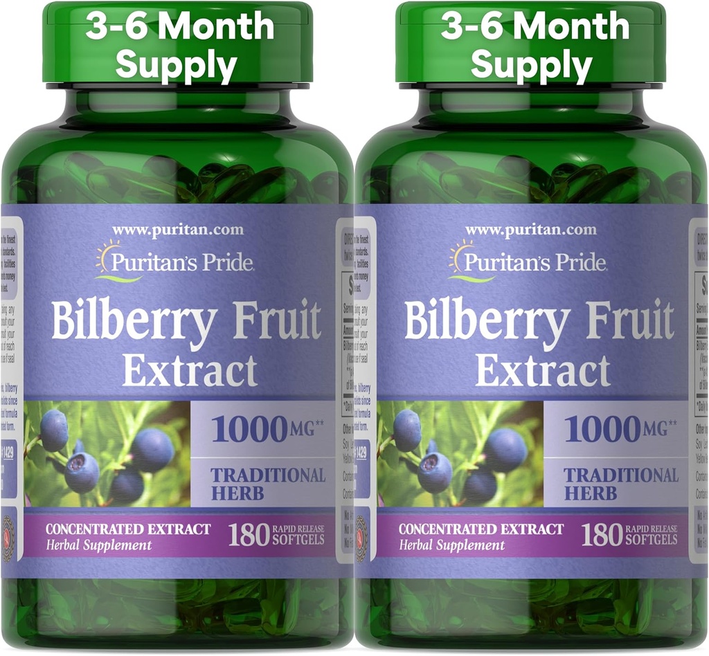 Puritan's Pride Premium Bilberry Fruit Extract 250 mg (1000mg equivalent), 4:1 Concentrated Traditional Herbal Supplement, Vitamin C, 3 to 6 Month Supply, 180 Rapid Release Softgels 2-Pack