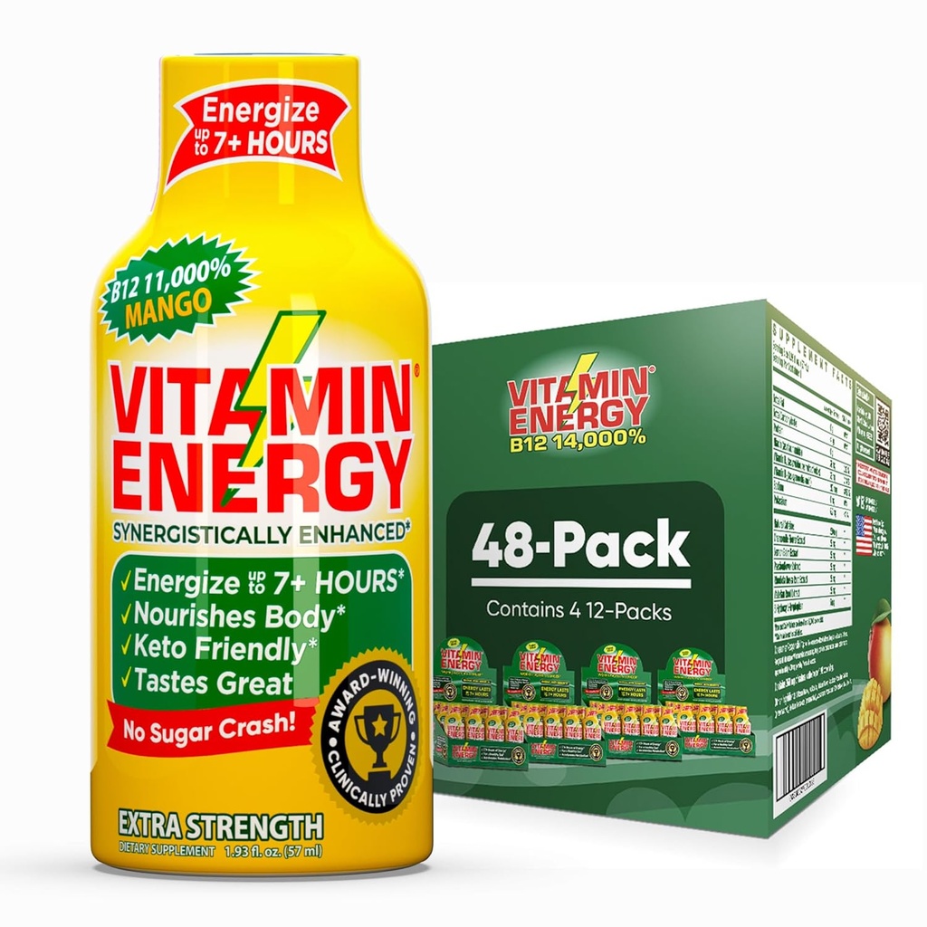 Vitamin Energy B12 11,000% Extra Strength Energy Shot Mango 48 Pack, 260mg Natural Caffeine, B12 & B6, Nootropic Focus, Vitality, Zero Sugar, Gluten-Free, Vegan, Kosher, 1.93 fl oz