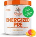 Genius Energized Pre Workout Powder – Caffeine Infused Pre-Workout Booster Suplemento con Beta Alanine &amp; Alpha GPC, Sin Sweeteners artificiales o Dyes - 200mg Caffeine, 20 Servings, Sour Peach Anillos