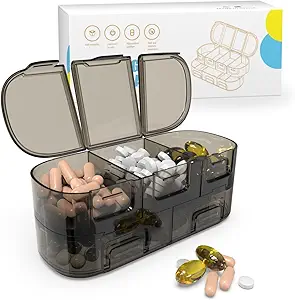 BEXEEN 7-Day Portable Pill Organizer - 12 Compartment Box with Alarm, Travel Bag, Lock, Key Chain, Timer, Pill Cutter