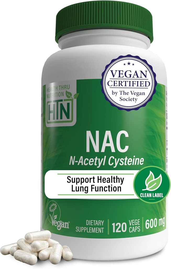 Health Thru Nutrition NAC N-Acetyl-Cysteine 600mg 120 Capsules | Vegan Certified | The Purest NAC Supplement | Supports Healthy Lung Liver Functions & Cellular Health | Non-GMO Soy & Gluten Free