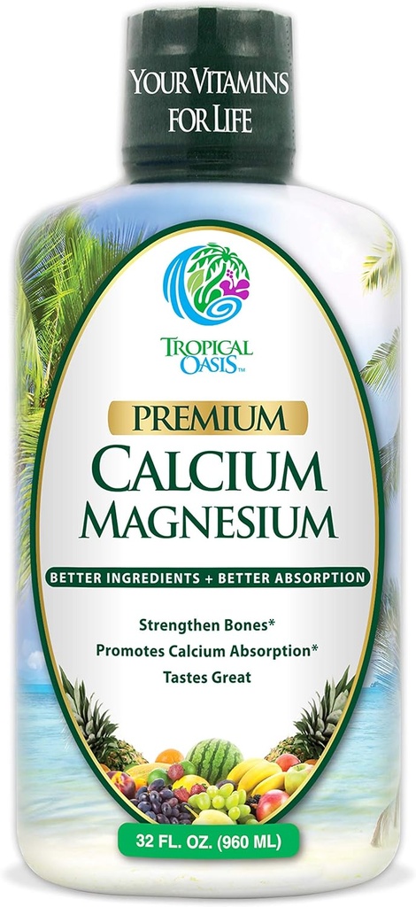Oasis tropical magnesio de calcio líquido - Fórmula natural w/Apoyo para huesos fuertes - Vitaminas líquidas w / calcio, magnesio & vitamina D - hasta 96% Absorción por el cuerpo. - 32oz, 64 Serv.