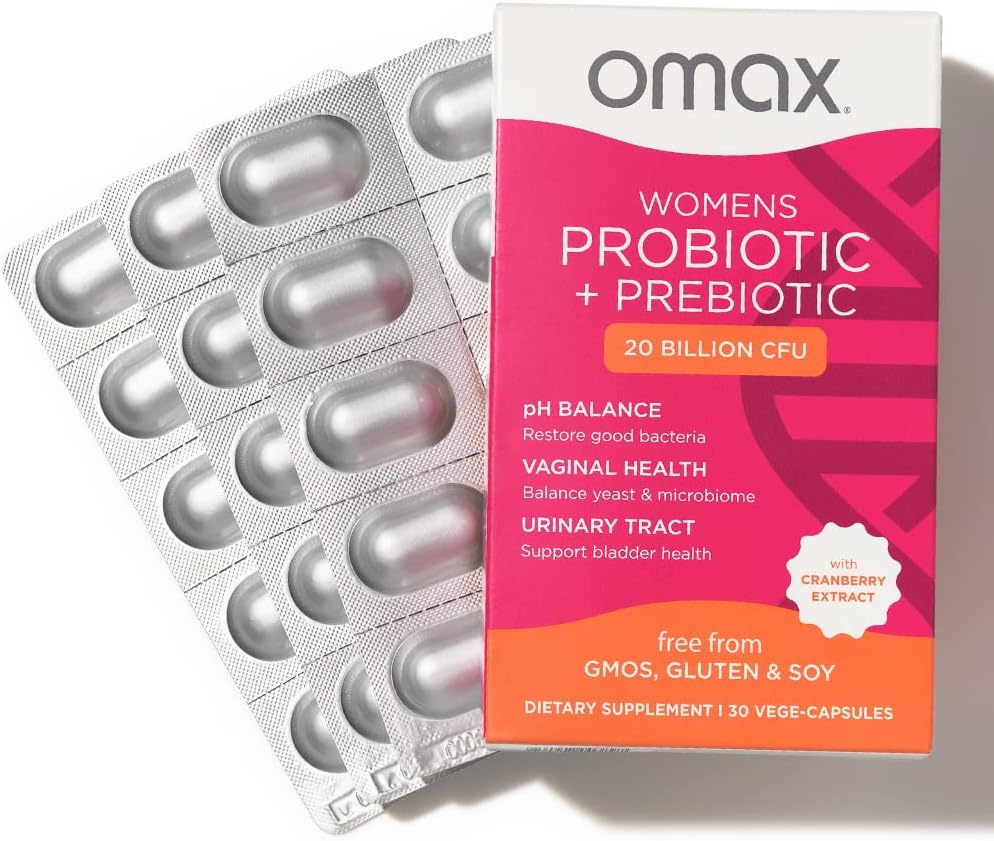 Complejo de Prebióticos y Probióticos de Salud Omax para Mujeres, Equilibrio de PH, Salud de Vag, Urinary Tract, Yeast & BV Prevention, Lactobacillus " Bifidobacterium TEN Vegan, Orgánica, Gluten Free TEN 30 Vege-Capsules