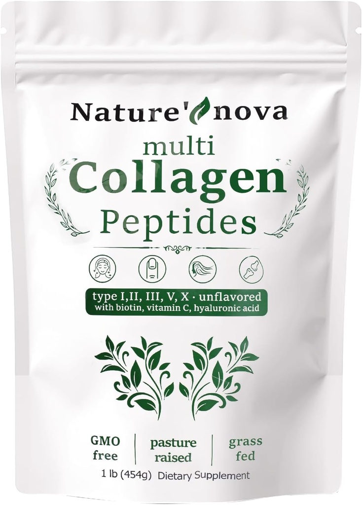 Péptidos Multi Collagen de la Naturaleza - Tipo I,II,III,V,X con Biotina, Ácido Hialurónico, Vitamina C - Desarmado, Disuelto Fácil, No GMO
