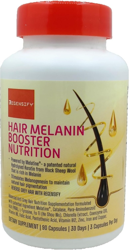 REGENSIFIA Hair Melanin Booster Nutrition [Anti Grey Hair Supplement for Men ' Women TEN Melatine®, Catalase, PABA, L-Tyrosine, He Shou Wu, Chlorella Extract, CoQ10, Folic Acid, Pantothenic Acid]