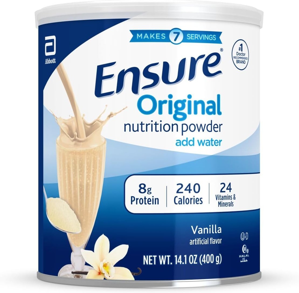 Asegurar el polvo de nutrición original con 9g de proteína por servicio, vainilla, 14 onzas
