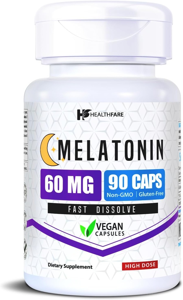 Healthfare Melatonin 60mg  90 Veg Capsules ← High-Strength Formula ← Vegetarian, Non-GMO, Gluten-Free Silencio Made in The USA