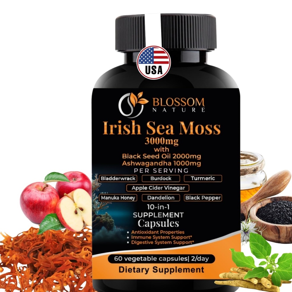 10-en-1 Irish Sea Moss Veggie Caps 3000mg Black Seed Oil Ashwagandha Bladderwrack Burdock Turmeric Apple Cider Vinegar Manuka Honey Dandelion Black Pepper - Made in US(Veggie Caps, Unflavored)