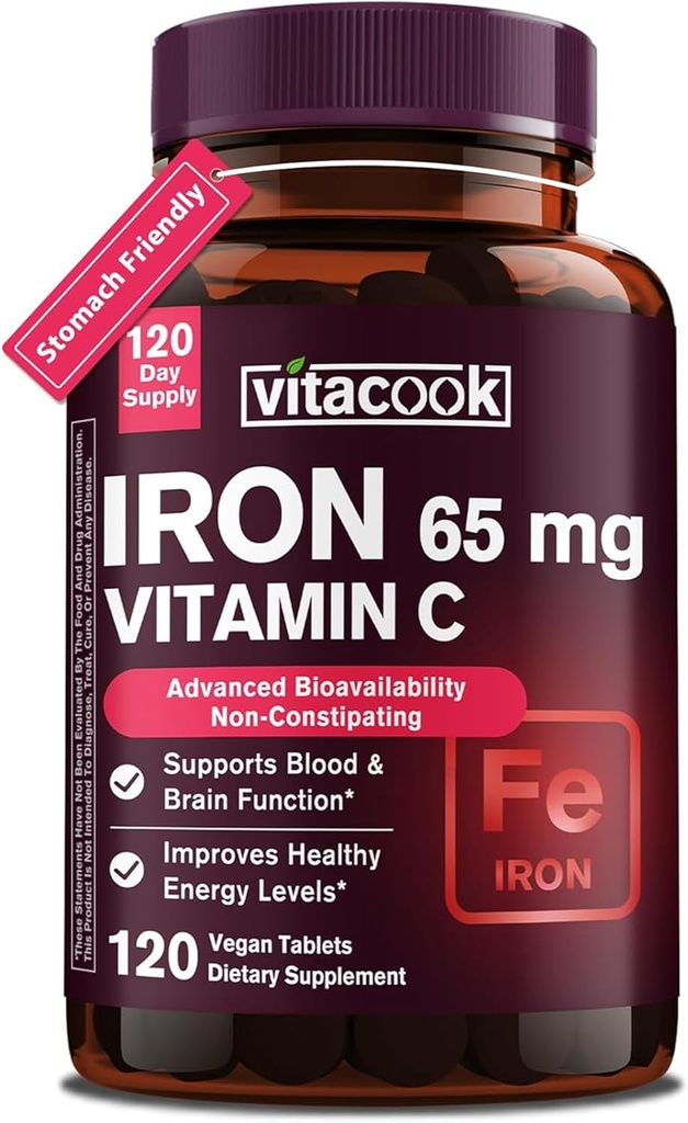 Suplemento de hierro para mujeres hombres, Hierro de alta potencia 65 mg con vitamina C 250mg, píldoras de hierro amigable para la célula de sangre roja &amp; soporte inmunológico, no GMO &amp; Gluten Gratis,120 tabletas Vegan