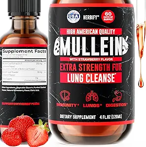 HERBIFY Mullein Drops - Lung Cleanse - Leaf Extract - Powerful Mullein for Immune Support, Detox &amp; Respiratory Support - Made in USA - 4 Oz Strawberry Flavor
