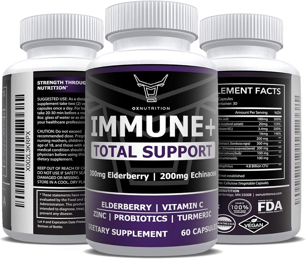 Nutrición OX 10 en 1 Elderberry, Vitamina C, Zinc, Vitamina E, Vitamina B6, Echinacea, Ajo, Turmeric, L-Glutamine HCL &amp; Lactobacillus Probiotics & Antioxidants for Immune Defense 1 Month Supply