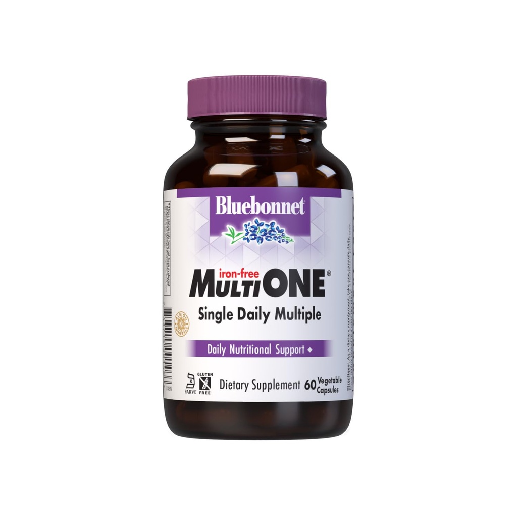 Bluebonnet Nutrition Multi One (libre de hierro) cápsulas vegetales para espectro completo múltiple, vitaminas B, salud general, sin gluten, sin leche, kosher, 60 cápsulas vegetales, 2 mes de suministro