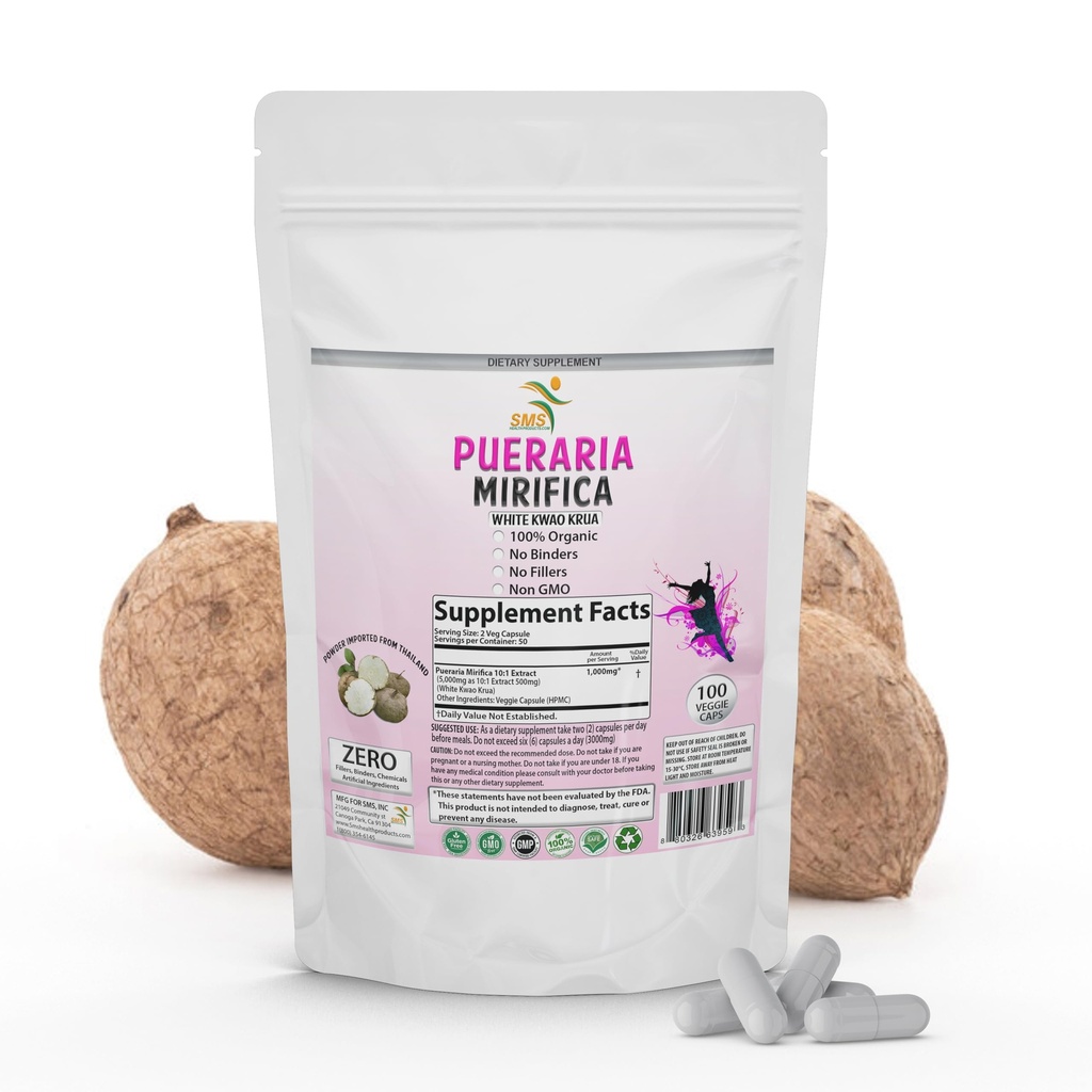 100 Caps Pueraria Mirifica White Extract Powder, 100% 10:1 Potente, Orgánica, 1.000 mg Por Servings, No GMO de Tailandia, Calidad Premium, Vegan