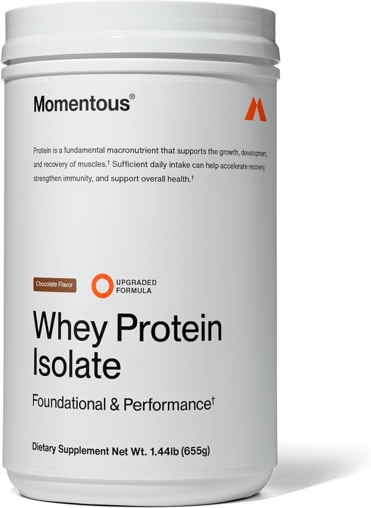 Momentous Essential Grass-Fed Whey Protein Powder - 20 g Whey Isolate Protein - NSF Certified for Sport - Gluten-Free - 24 Servings for Essential Everyday Use - Chocolate - Paquete Mayo Vary