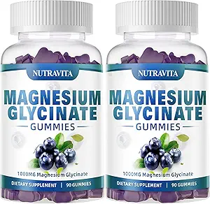 Magnesium Glycinate Gummies 1000mg con Magnesium L-Threonate, Magnesio Chelated Potassium Complex Suplemento con VitD, B6, CoQ10, Calcio,Apoyos para la memoria, calma, mood - 180 Gummies Blueberry
